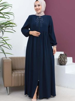 Lacivert Boncuklu İşlemeli Ferace