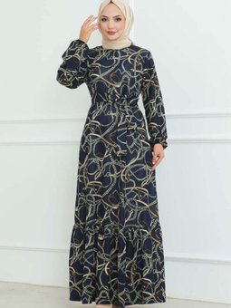 Lacivert Büzgülü Zincir Desenli Elbise