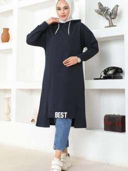 Lacivert Kapüşonlu Spor Tunik