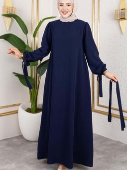 Lacivert Manşeti Bağcıklı Elbise