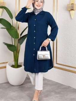 Lacivert Manşeti Lastikli Viskon Tunik