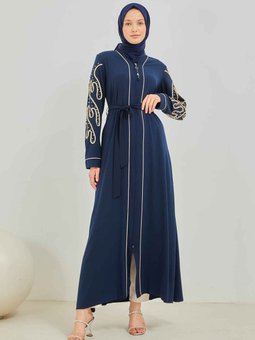 Lacivert Özel Tasarım İnci Detaylı Abaya