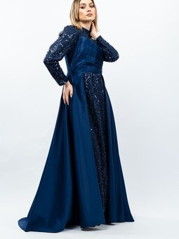 Lacivert Payetli Drapeli Saten Abiye Elbise