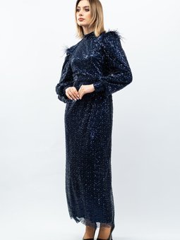 Lacivert Payetli Navy Blue Abiye Elbise