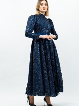 Lacivert Payetli Prenses Model Abiye Elbise