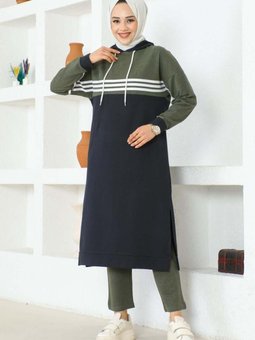 Lacivert Şeritli Yırtmaçlı Spor İkili Takım