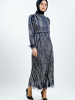 Lacivert Simli Tüy Detaylı Abiye Elbise