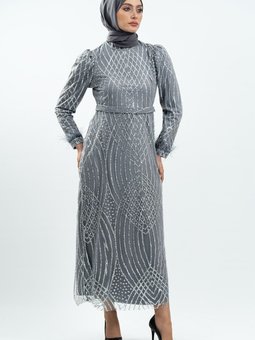 Lacivert Simli Tüy Detaylı Abiye Elbise