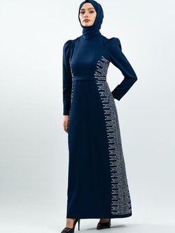 Lacivert Taş Detaylı Abiye Elbise