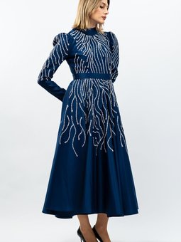 Lacivert Taş Detaylı Prenses Model Abiye Elbise