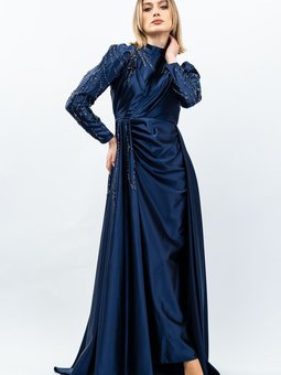 Lacivert Taş Detaylı Saten Abiye Elbise