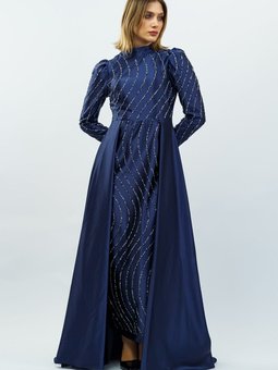 Lacivert Taş Detaylı Saten Abiye Elbise