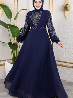 Lacivert Taş İşlemeli Şifon Abiye Elbise