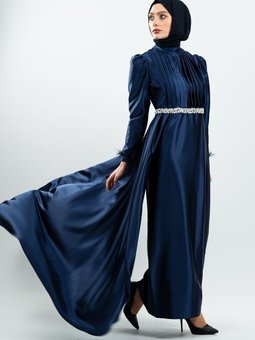 Lacivert Taşlı Saten Bordo Abiye Elbise