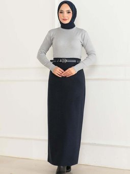 Lacivert Uzun Kemerli Kaşe Kalem Etek