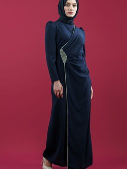 Lacivert Yan Şerit Taş Detaylı Abiye Elbise