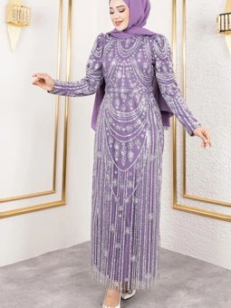 Lila Elenor Simli İşlemeli Kalem Abiye Elbise