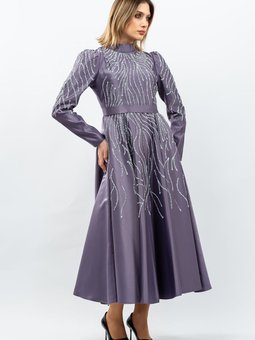 Lila Taş Detaylı Prenses Model Abiye Elbise
