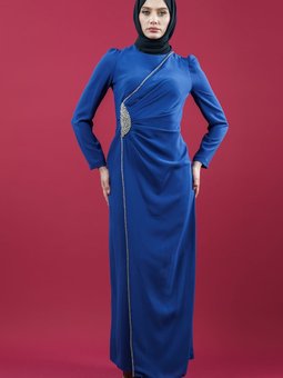 Mavi Yan Şerit Taş Detaylı Abiye Elbise