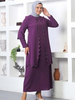Mürdüm Büyük Beden İşlemeli Abiye Elbise
