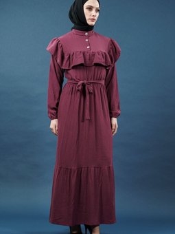 Mürdüm Fırfırlı Elbise