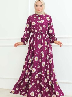 Mürdüm Papatya Desenli Elbise