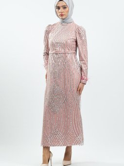Pudra Simli Tüy Detaylı Abiye Elbise