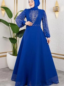 Saks Mavisi Taş İşlemeli Şifon Abiye Elbise