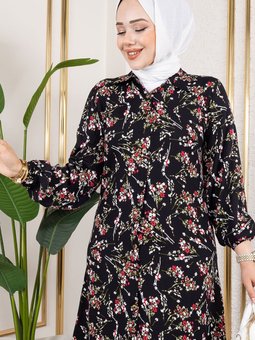 Siyah Asel Çiçekli Viskon Tunik