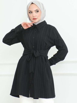 Siyah Bağlamalı Gömlek Tunik