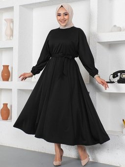 Siyah Beli Büzgülü Kemerli Elbise