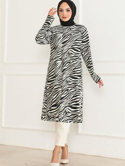 Siyah Desenli Örme Süet Tunik