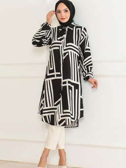 Siyah Geometrik Desen Viskon Tunik