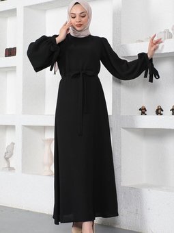 Siyah Kolları Bağlamalı Elbise