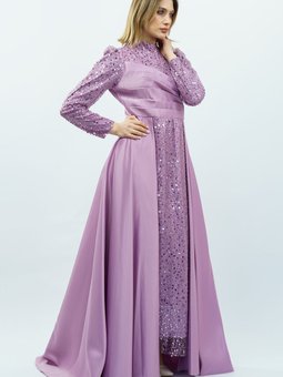 Siyah Payetli Drapeli Saten Lila Abiye Elbise