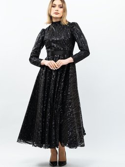 Siyah Payetli Prenses Model Abiye Elbise