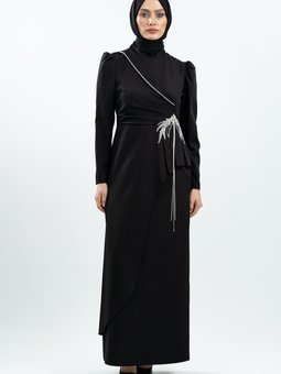 Siyah Taş Detaylı Abiye Elbise