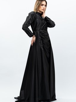 Siyah Taş Detaylı Saten Abiye Elbise