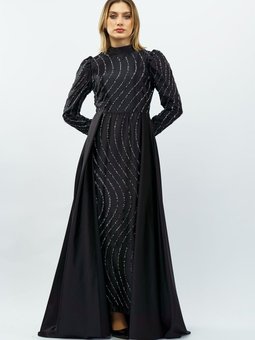 Siyah Taş Detaylı Saten Abiye Elbise