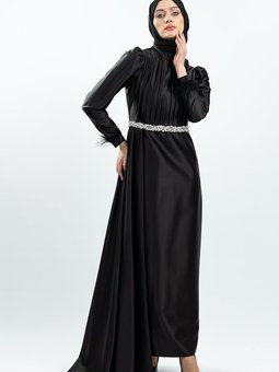 Siyah Taşlı Saten Abiye Elbise