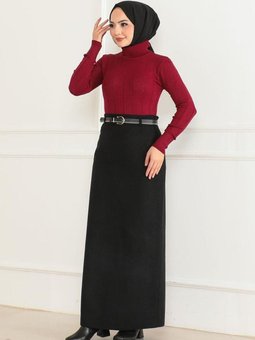 Siyah Uzun Kemerli Kaşe Kalem Etek