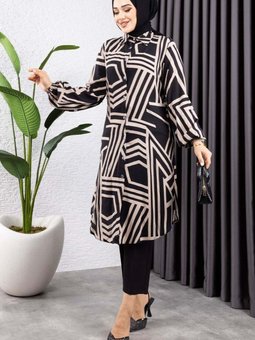 Siyah Vizon Geometrik Desen Viskon Tunik