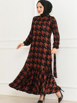 Taba Eteği Volanlı Desenli Elbise