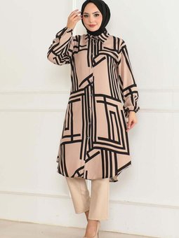 Vizon Siyah Geometrik Desen Viskon Tunik