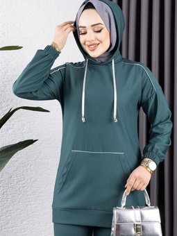 Yeşil Biyeli Kapüşonlu Spor İkili Takım