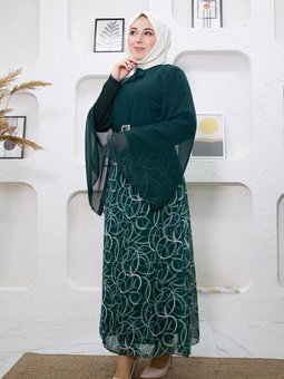 Yeşil Eteği Desenli Elbise