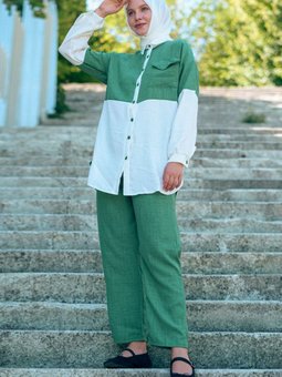 Yeşil İki Renkli Keten İkili Takım