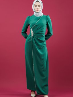 Yeşil Yan Şerit Taş Detaylı Abiye Elbise