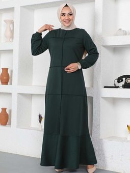 Zümrüt Yeşili Dikiş Detaylı Elbise