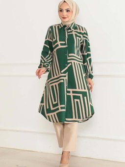 Zümrüt Yeşili Geometrik Desen Viskon Tunik